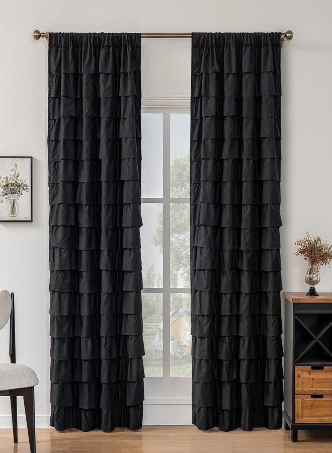 Kotile Black Ruffle Curtain for Living Room 1 Panel, W52 x L84 Inch, Farmhouse Vintage Gypsy Layered Ruffle Window Curtain Rod Pocket Light Filtering Privacy Shabby Chic Gothic Black Ruffled Curtains - Image 1